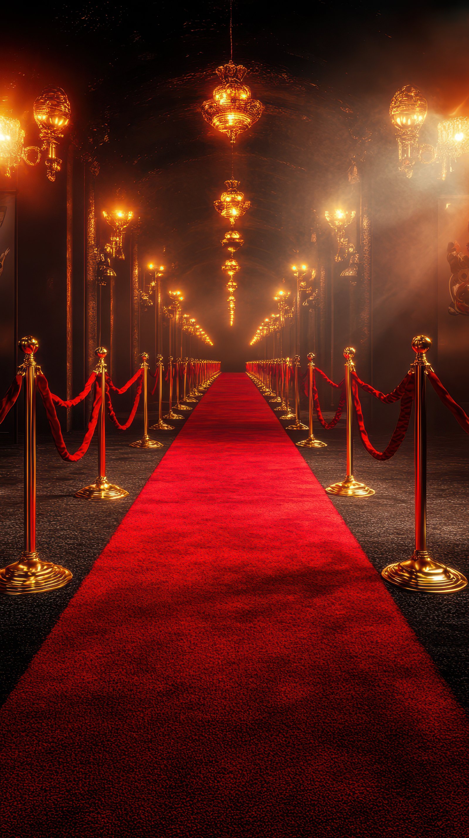 Glamorous red carpet entrance with elegant lighting at a prestigious event venue during the evening